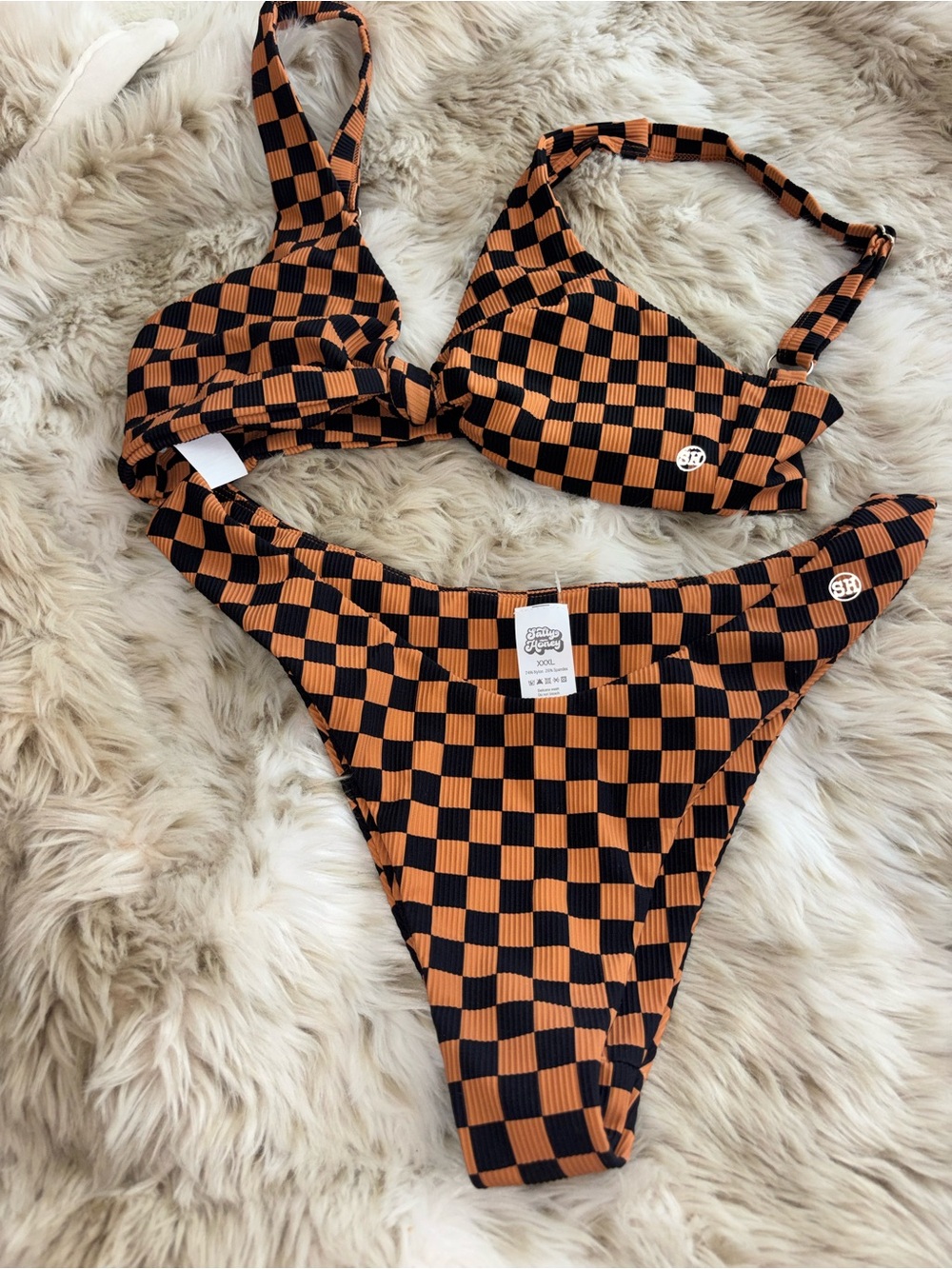 Checkerboard High-Cut Bikini Set in Black and Orange xxl top xxxl bottom NWOT - Picture 2 of 5